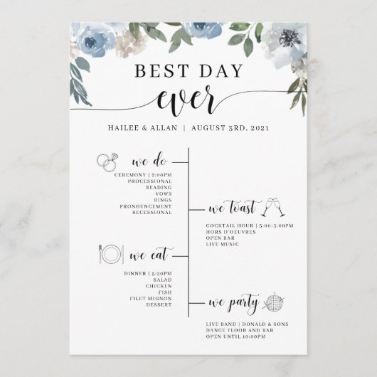 Blue Floral Best Day Ever Wedding Tijdschema Programmakaart (Voorkant)