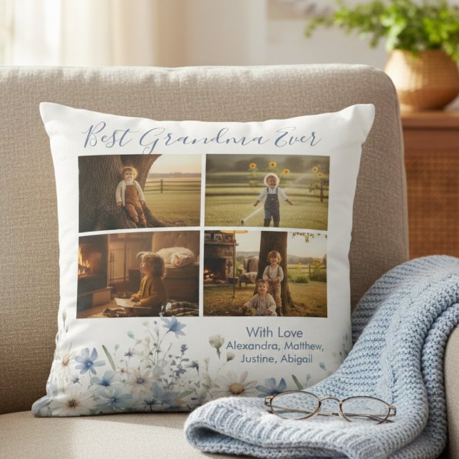 Blue Floral Best Grandma Ever Picture Gift Kussen (Blue floral best grandma photo gift throw pillow)