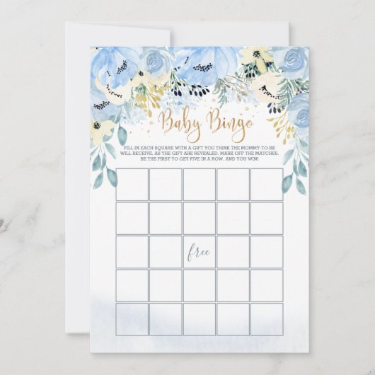Blue Floral Bingo/Raad wie Baby shower games spele Kaart (Voorkant)