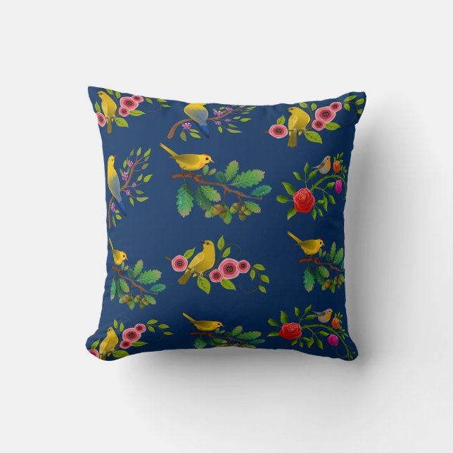Blue Floral Bird Print Sierkussen (Voorkant)