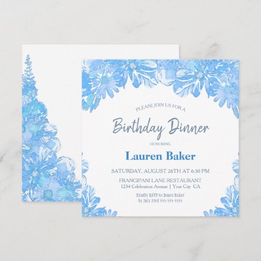 Blue Floral Birthday Dinner Party Kaart (Voorkant / Achterkant)