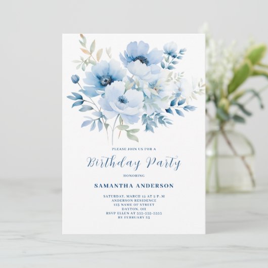 Blue Floral Birthday Kaart (Staand voorkant)
