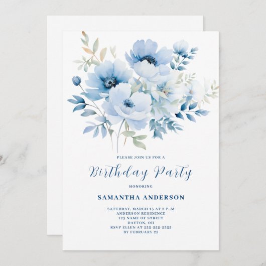 Blue Floral Birthday Kaart (Voorkant / Achterkant)