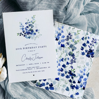 Blue Floral Birthday Party Invitation Kaart