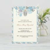 Blue Floral Birthday Religieuze Rosary Uitnodiging (Staand voorkant)