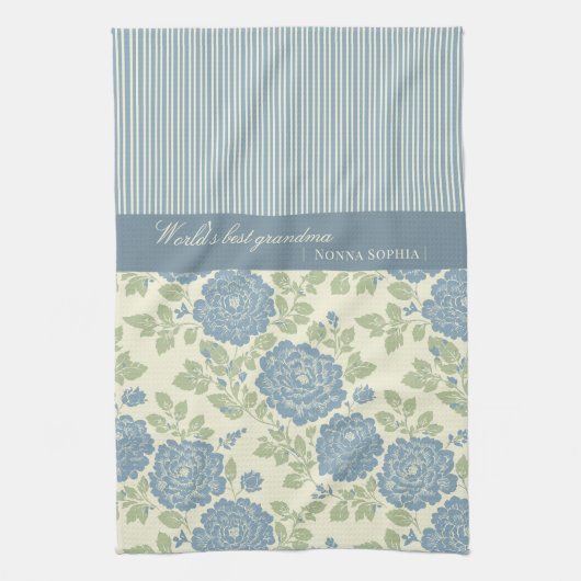 Blue Floral Block Print w Blue Stripes Theedoek (Verticaal)