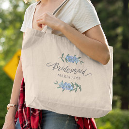 Blue Floral Bloemenmeisje Calligraphy Script Grote Tote Bag