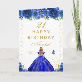 Blue Floral Blonde Hair Girl Birthday Kaart