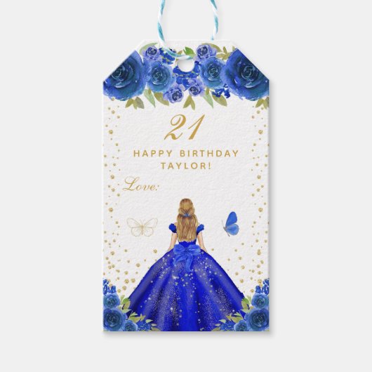 Blue Floral Blonde Hair Girl Happy Birthday Cadeaulabel (Voorkant)