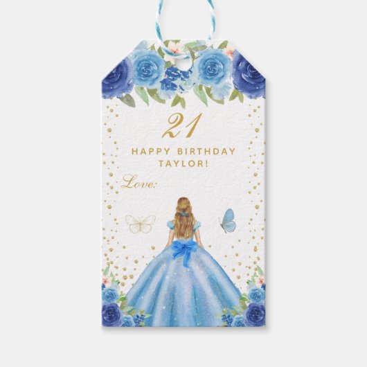 Blue Floral Blonde Hair Girl Happy Birthday Cadeaulabel (Voorkant)