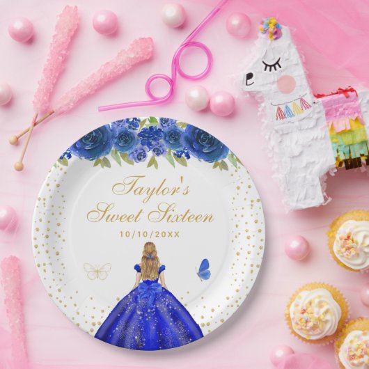 Blue Floral Blonde Hair Princess Sweet Sixteen Papieren Bordje (Feest)