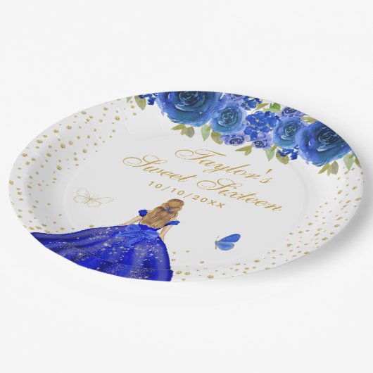 Blue Floral Blonde Hair Princess Sweet Sixteen Papieren Bordje (Gekanteld)