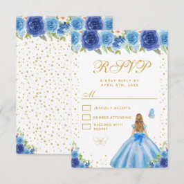 Blue Floral Blonde Hair Princess Sweet Sixteen RSVP Kaartje