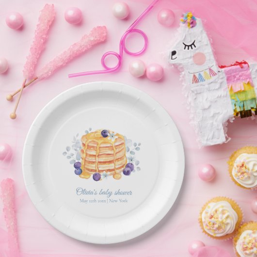 Blue Floral Blueberry Pannenkoek Brunch Baby showe Papieren Bordje (Feest)