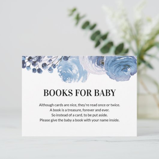 Blue Floral Boeken voor Baby Baby shower Informatiekaartje (Staand voorkant)