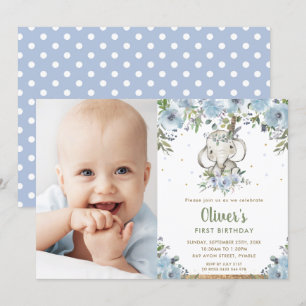 Blue Floral Boho Elephant Boy 1st Birthday Foto Kaart