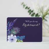 Blue Floral Boho Feather Bridesmaid Kaart (Staand voorkant)