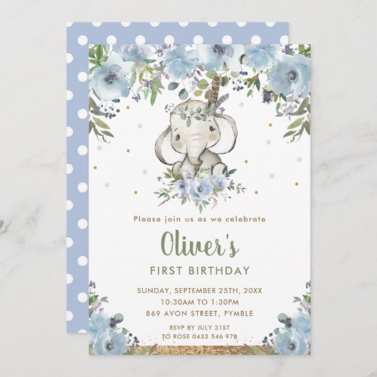 Blue Floral Boho Tribal Elephant Boy 1st Birthday Kaart (Voorkant / Achterkant)