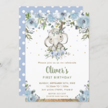 Blue Floral Boho Tribal Elephant Boy 1st Birthday