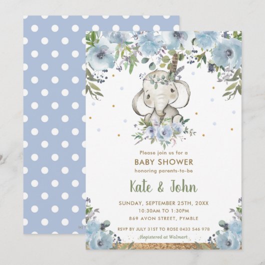 Blue Floral Boho Tribal Elephant Boy Baby shower Kaart (Voorkant / Achterkant)