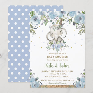 Blue Floral Boho Tribal Elephant Boy Baby shower Kaart