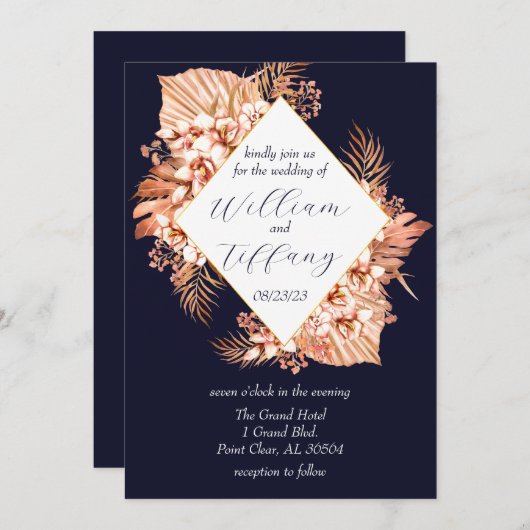 Blue Floral Boho Wedding Kaart (Voorkant / Achterkant)