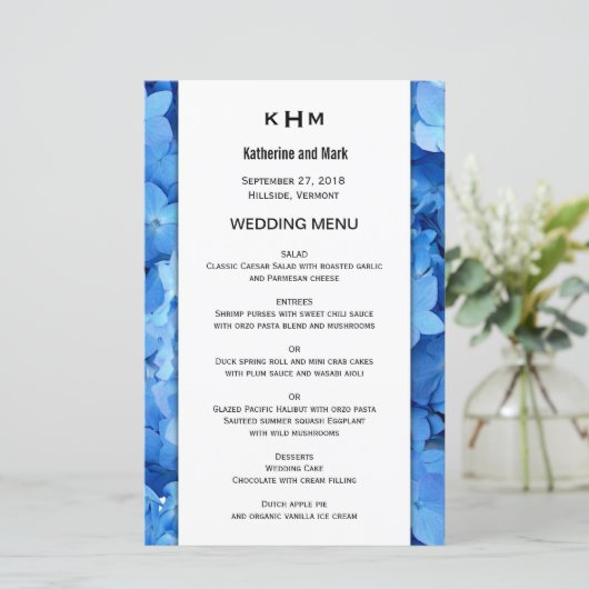 Blue Floral Border Wedding Menu Sjabloon (Staand voorkant)