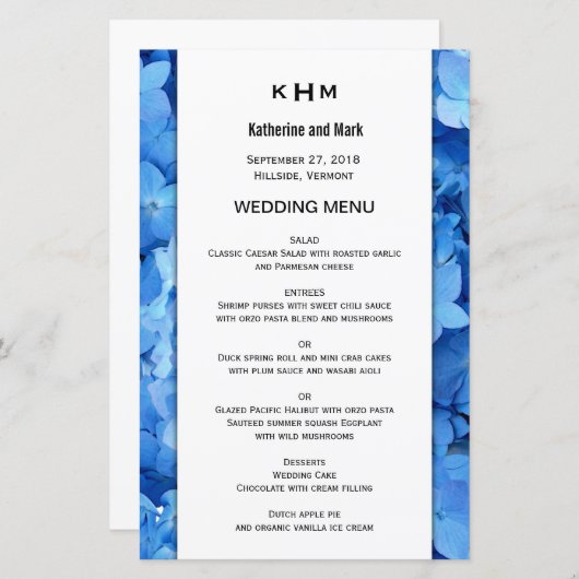 Blue Floral Border Wedding Menu Sjabloon (Voorkant / Achterkant)