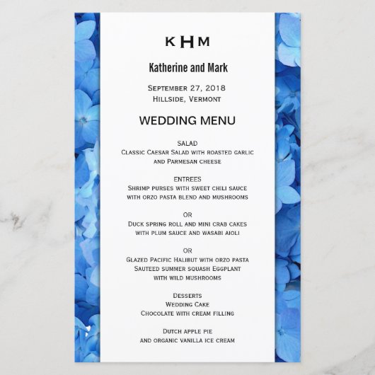 Blue Floral Border Wedding Menu Sjabloon (Voorkant)