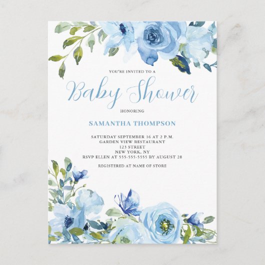 Blue Floral Botanical Baby shower Invitation Briefkaart (Voorkant)