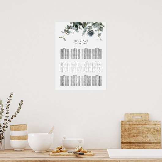 Blue Floral Botanical Wedding Seating Chart Poster (Keuken)