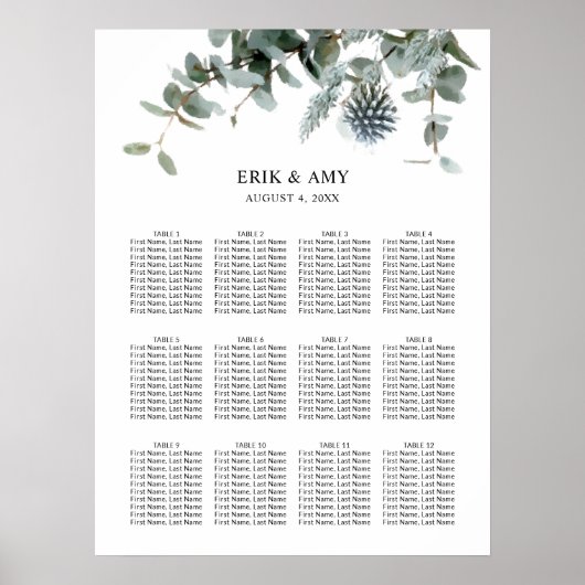 Blue Floral Botanical Wedding Seating Chart Poster (Voorkant)