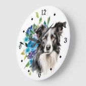 Blue Floral Bouquet Border Collie Dog Grote Klok (Hoek)