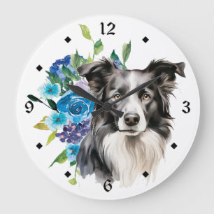 Blue Floral Bouquet Border Collie Dog Grote Klok