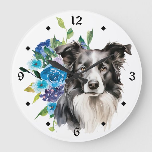 Blue Floral Bouquet Border Collie Dog Grote Klok (Voorkant)