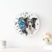 Blue Floral Bouquet Border Collie Dog Grote Klok (Huis)