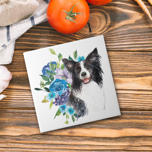 Blue Floral Bouquet Border Collie Tegeltje