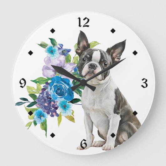Blue Floral Bouquet Boston Terrier Dog Grote Klok (Voorkant)