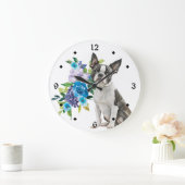 Blue Floral Bouquet Boston Terrier Dog Grote Klok (Huis)