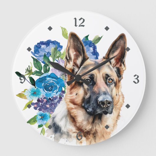 Blue Floral Bouquet German Shepherd Dog Grote Klok (Voorkant)