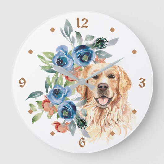 Blue Floral Bouquet Golden Retriever Grote Klok (Voorkant)