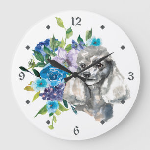 Blue Floral Bouquet Grey Poodle Dog Grote Klok