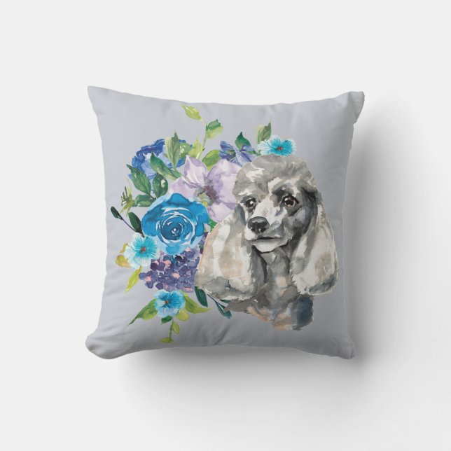 Blue Floral Bouquet Grey Poodle Dog Kussen (Voorkant)