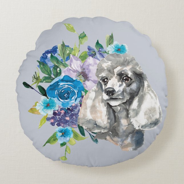 Blue Floral Bouquet Grey Poodle Rond Kussen (Voorkant)