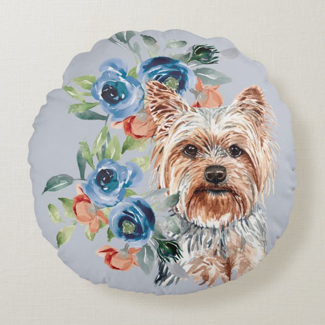 Blue Floral Bouquet Yorkshire Terrier Rond Kussen (Voorkant)