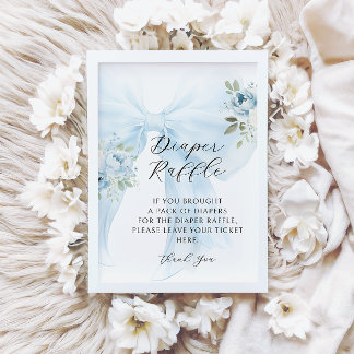 Blue Floral Bow Coquette Diaper Raffle Baby Shower Kaart