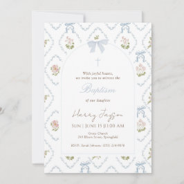 Blue Floral Bow Elegant Christian Girl Baptism Kaart
