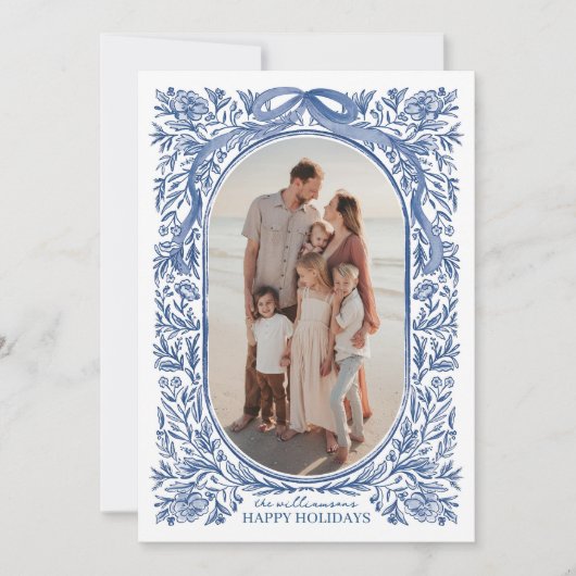 Blue Floral & Bow Holiday Photo Card Kaart (Voorkant)