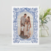 Blue Floral & Bow Holiday Photo Card Kaart (Staand voorkant)