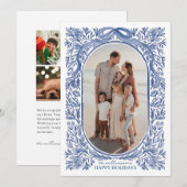 Blue Floral & Bow Holiday Photo Card Kaart (Voorkant / Achterkant)
